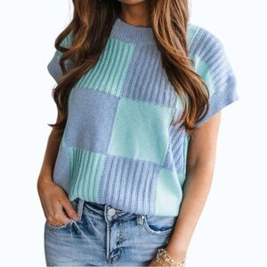 5401. Blue and Mint Patchwork Knit Top